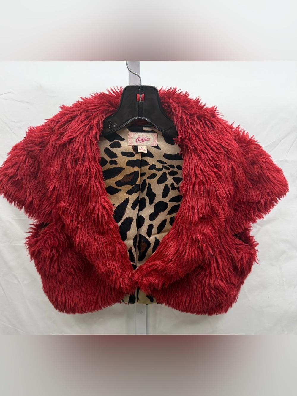 Candie’s Red Faux Fur Cropped Shrug | Leopard Print Lining | Y2K Glam size L